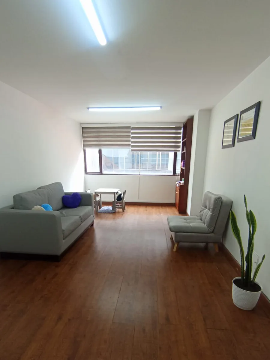 Sala del consultorio con sofá, mesa de trabajo infantil y luz natural